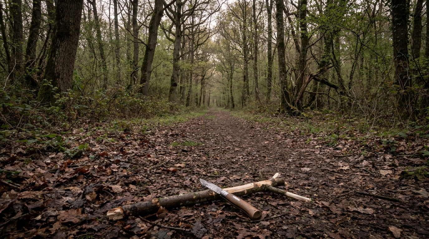 Un chemin forestier dans l'Oise au crépuscule, évoquant la solitude et le drame de l'attaque de chiens sur un enfant.