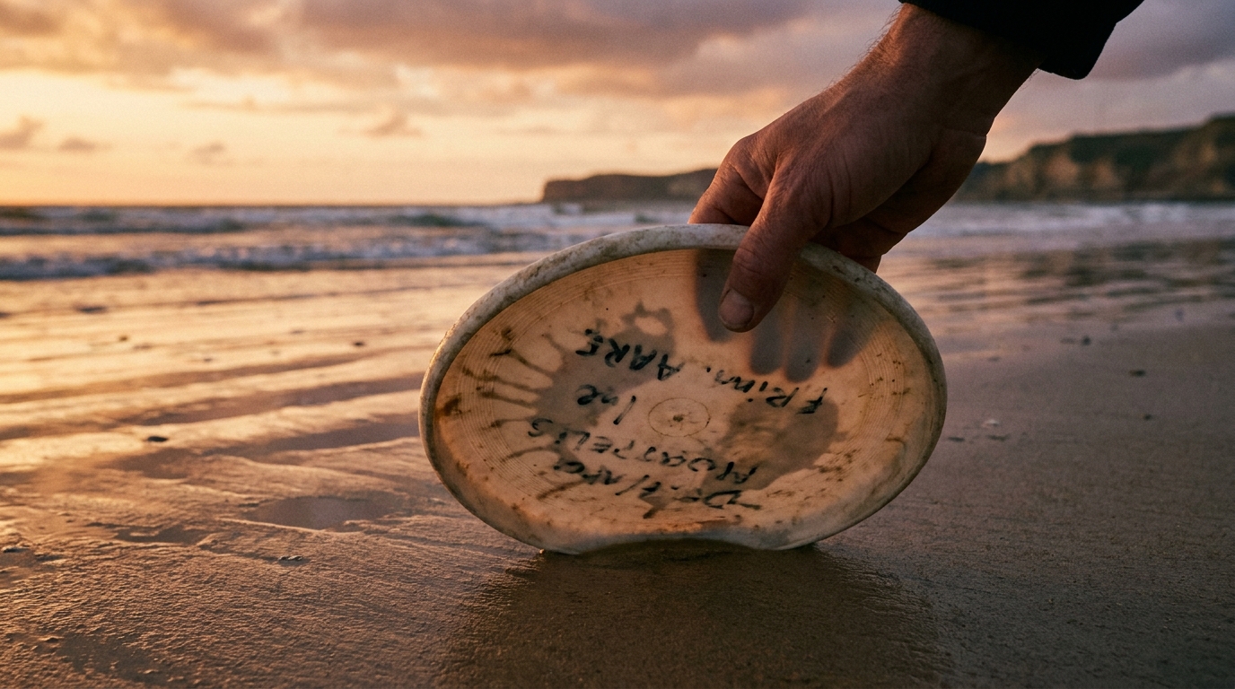 Un frisbee bleu posé sur le sable humide d'une plage, avec un message manuscrit visible au dos, laissé en hommage à un chien.