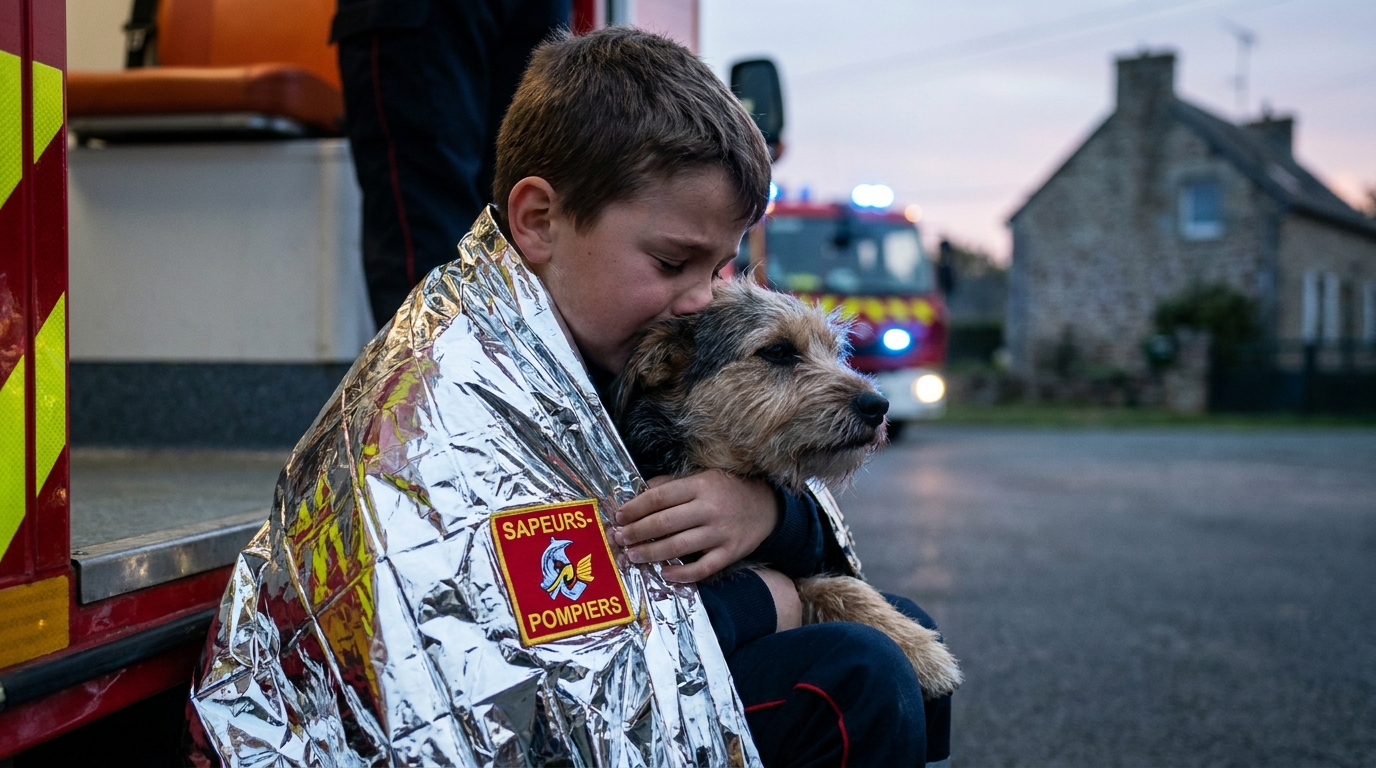 Un jeune garçon courageux de 9 ans assis sur un camion de pompier, serrant tendrement son chien dans ses bras après l'avoir sauvé d'un incendie.
