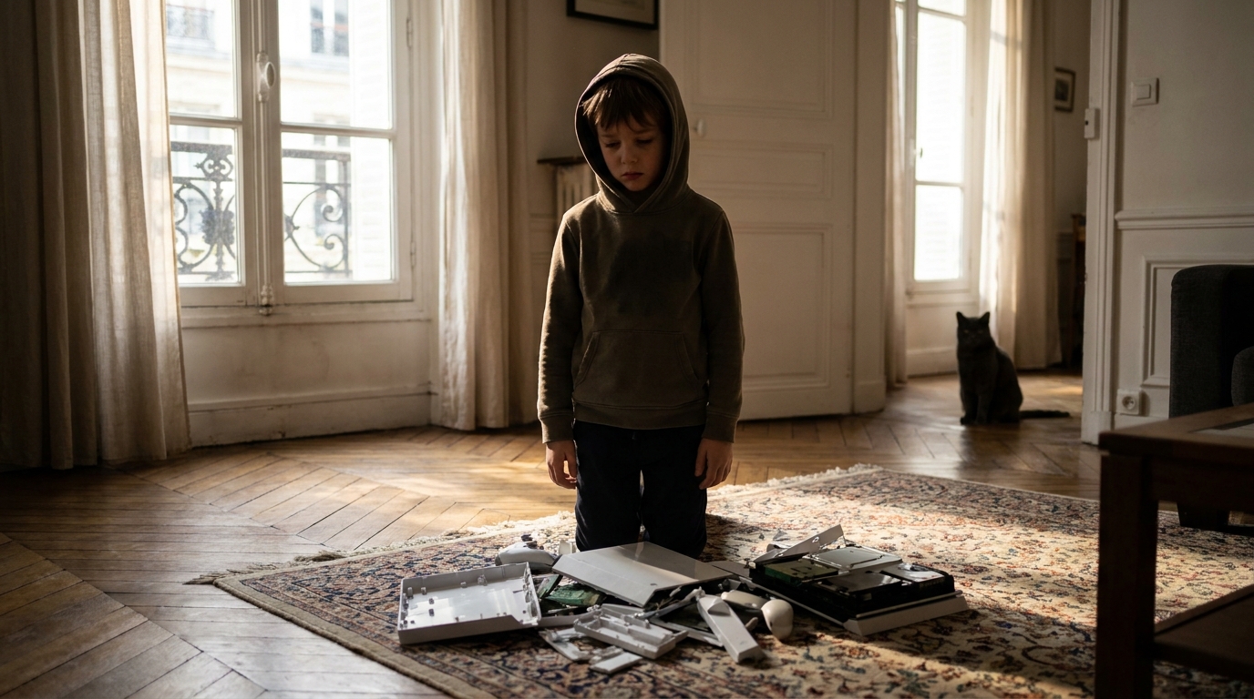 Un jeune garçon regarde avec tristesse sa console de jeu blanche fracassée sur le sol d'un salon, une ombre de chat se dessinant au loin.