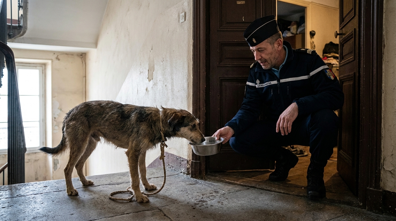 Un gendarme français en uniforme, agenouillé, donne de l'eau à un chien maigre et triste sur le palier d'un immeuble en France.