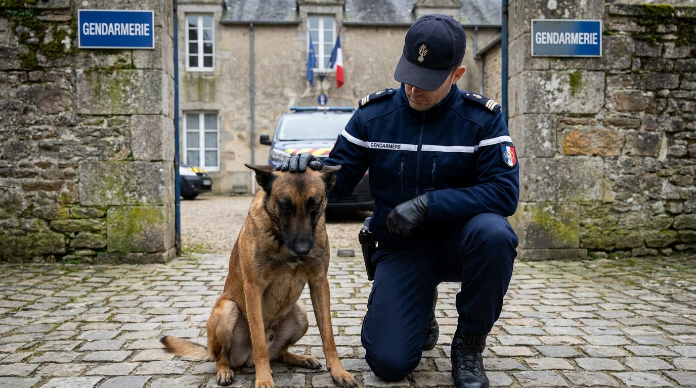 Un gendarme en uniforme français est accroupi et pose une main douce sur la tête d'un chien de type Malinois au regard triste, dans une cour de gendarmerie.