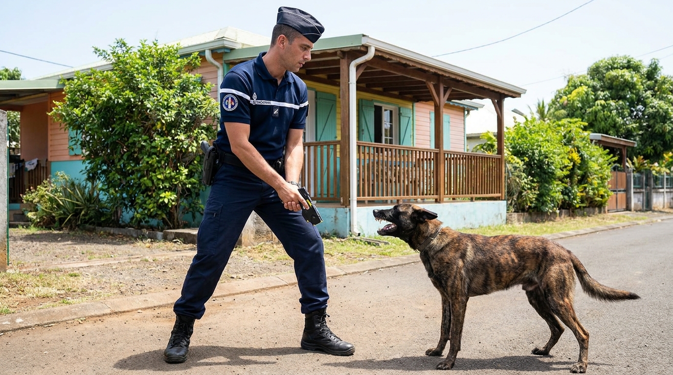 Deux gendarmes français en uniforme font face à un chien de type malinois agressif dans une rue résidentielle de La Réunion.