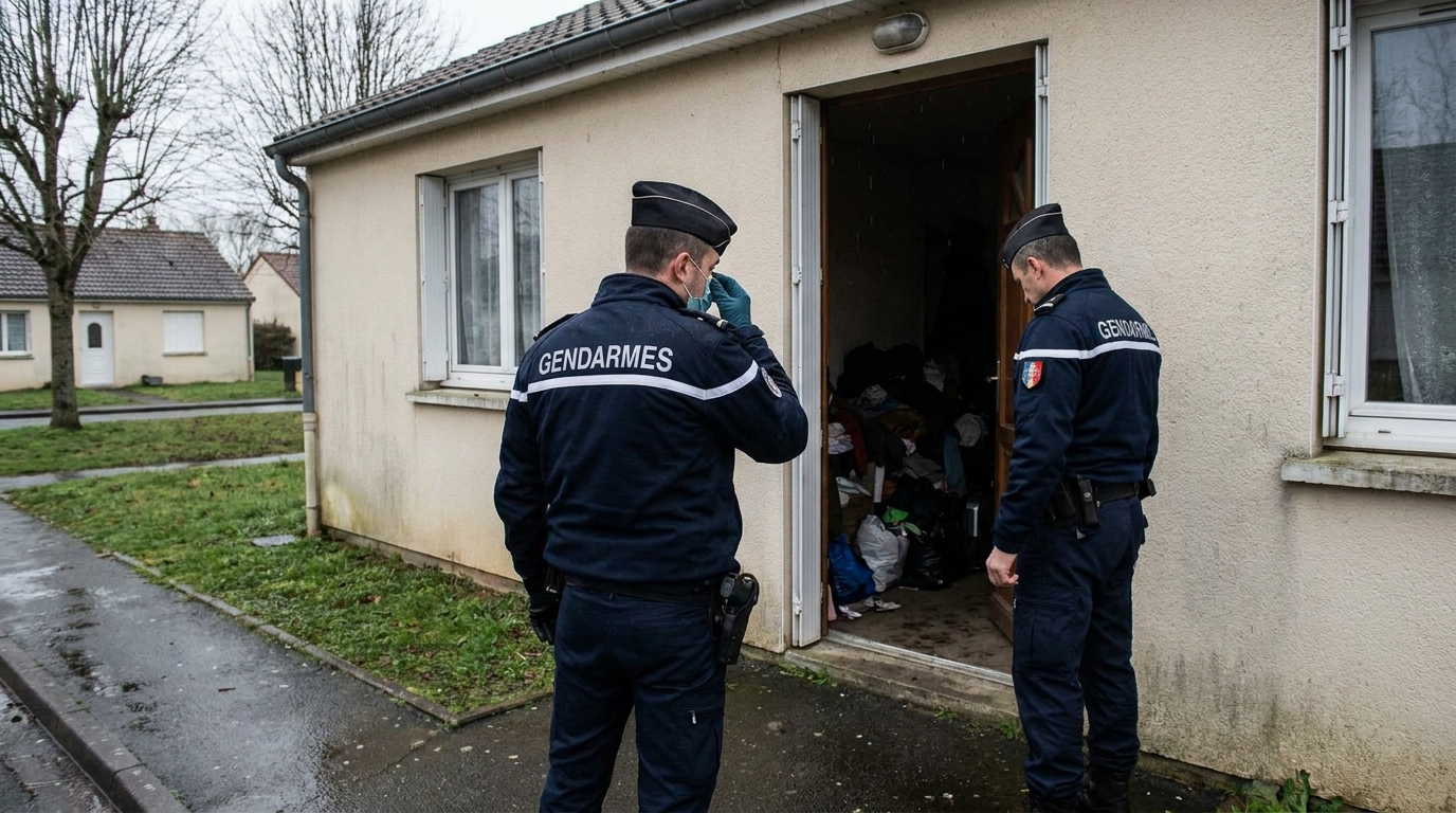Un gendarme français se tient devant la porte ouverte d'une maison modeste, son expression marquée par l'horreur de la découverte à l'intérieur.