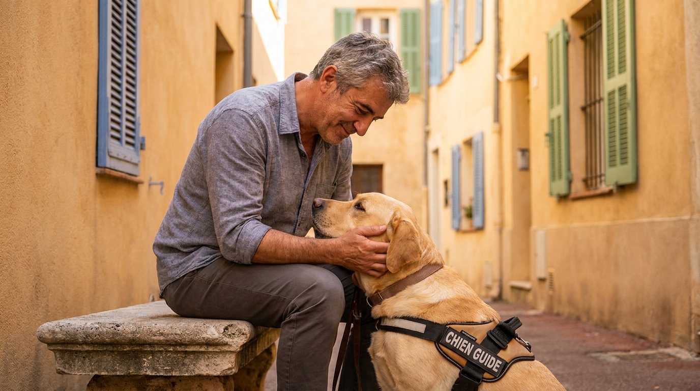 Un homme malvoyant assis sur un banc à Antibes caresse avec tendresse son labrador guide, Uria, qui porte son harnais de travail.