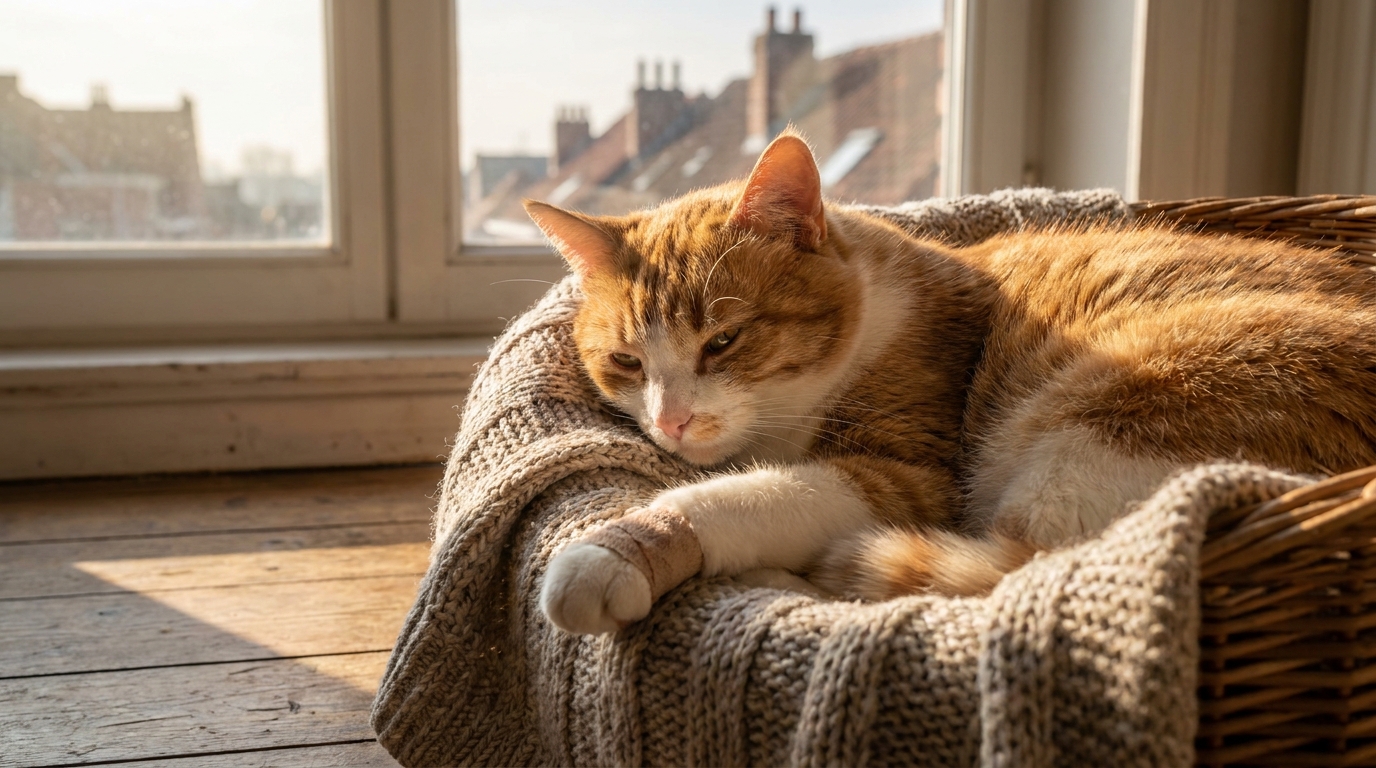 Le chat Ginkgo, roux et blanc, se repose paisiblement dans un panier douillet, symbole de sa nouvelle vie après avoir été sauvé.