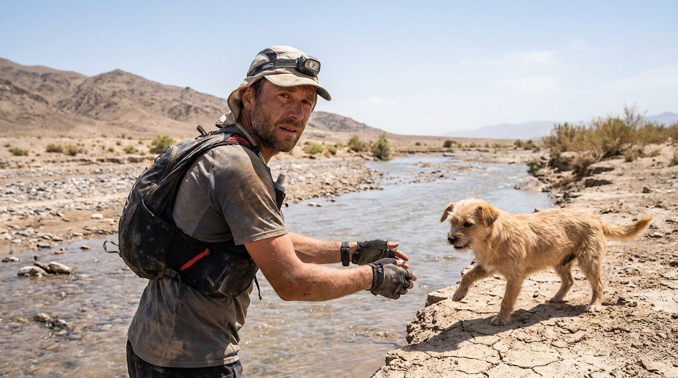 Un coureur s'arrête en pleine course dans le désert pour aider une petite chienne errante, Gobi, à traverser une rivière.
