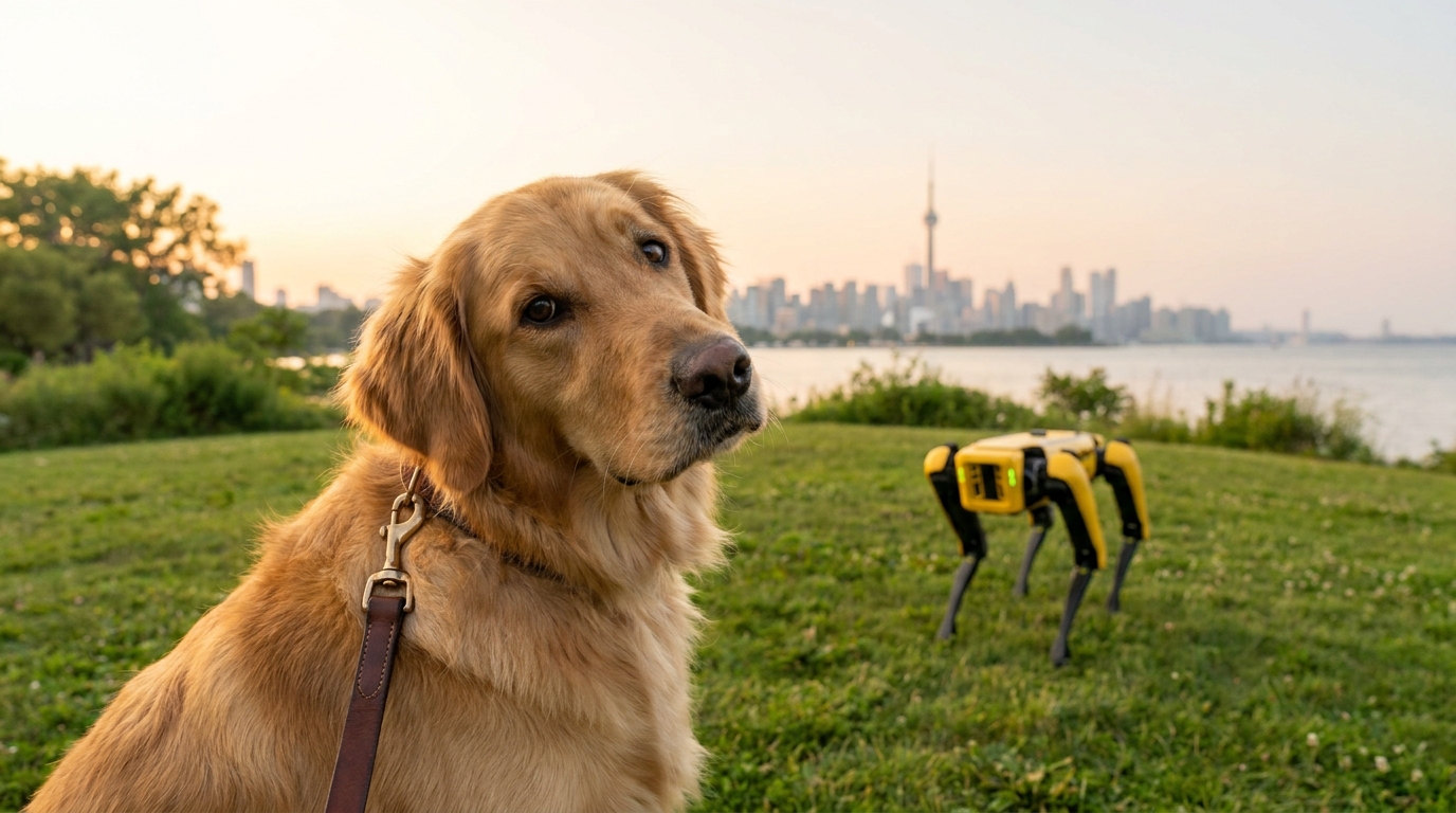 Un Golden Retriever assis dans l'herbe regarde avec confusion un chien robot jaune lors d'une promenade au bord d'un lac.