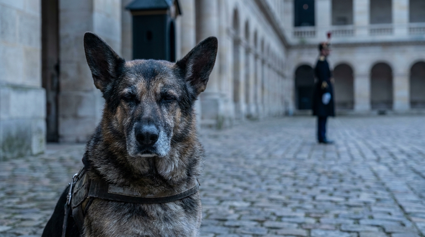 Un chien de l'armée, un berger allemand, assis sagement aux côtés d'un militaire lors d'une cérémonie d'hommage dans une cour d'honneur.