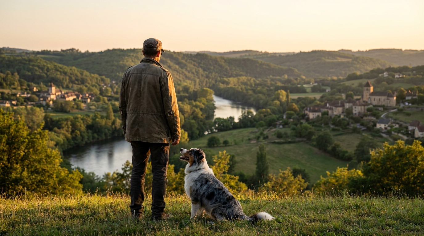 Un homme et son berger australien regardent un paysage de Dordogne, symbolisant le souvenir de Lanko.