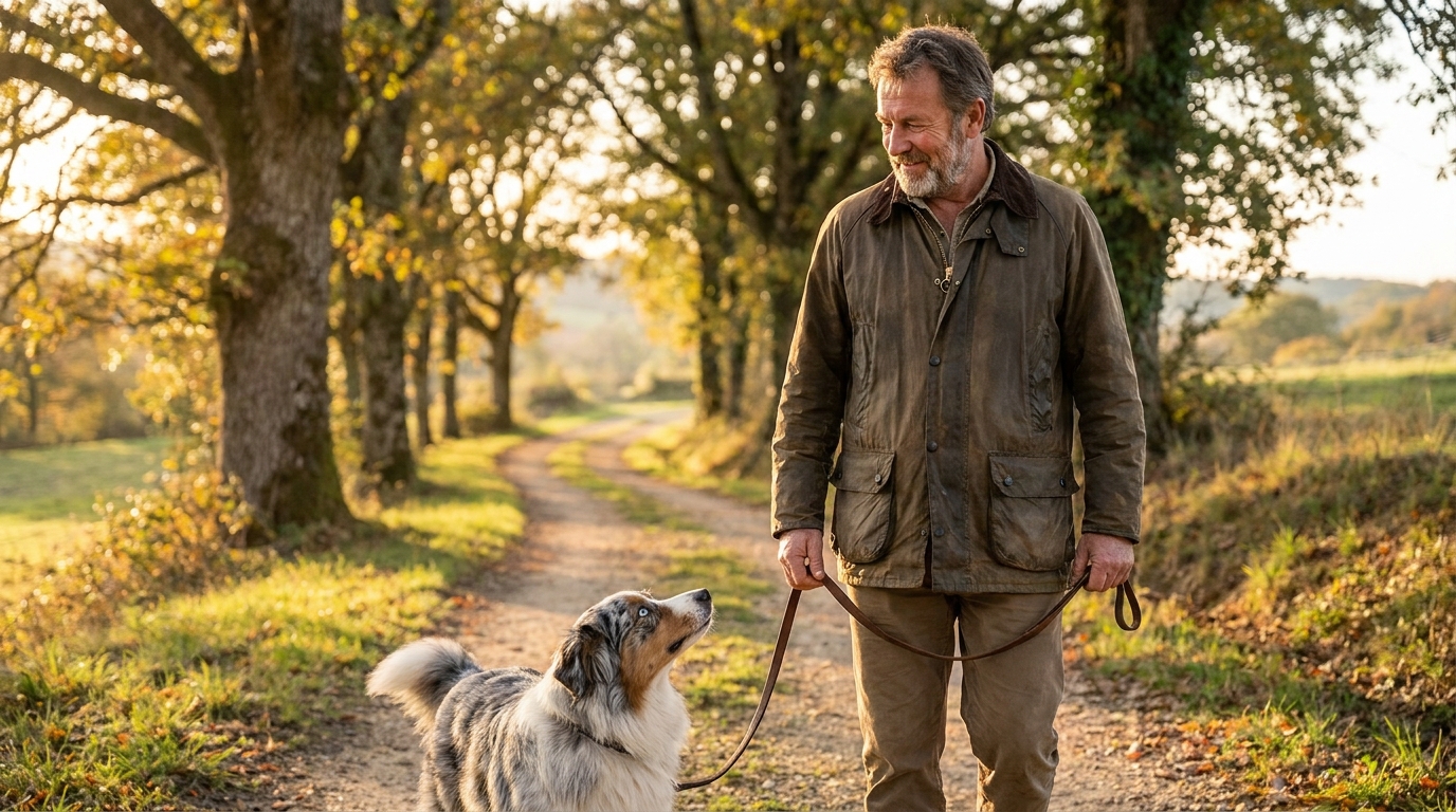 Un homme marche avec son berger australien en laisse dans un chemin de campagne en Dordogne, symbolisant le drame de Lanko.