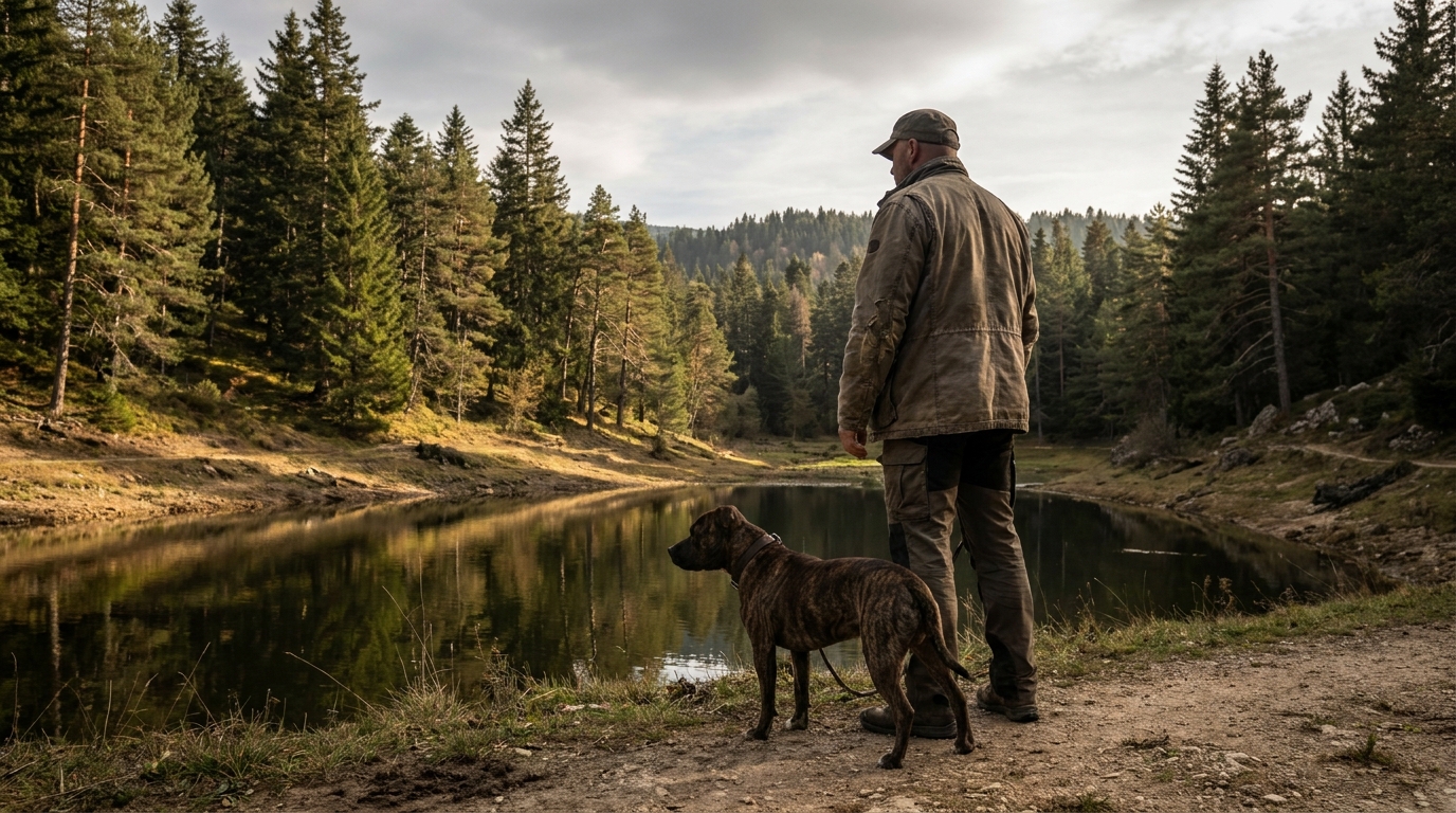 Un homme de dos avec son chien de type Staffordshire au bord d'un étang calme, évoquant la tension avant l'agression dans le Jura.