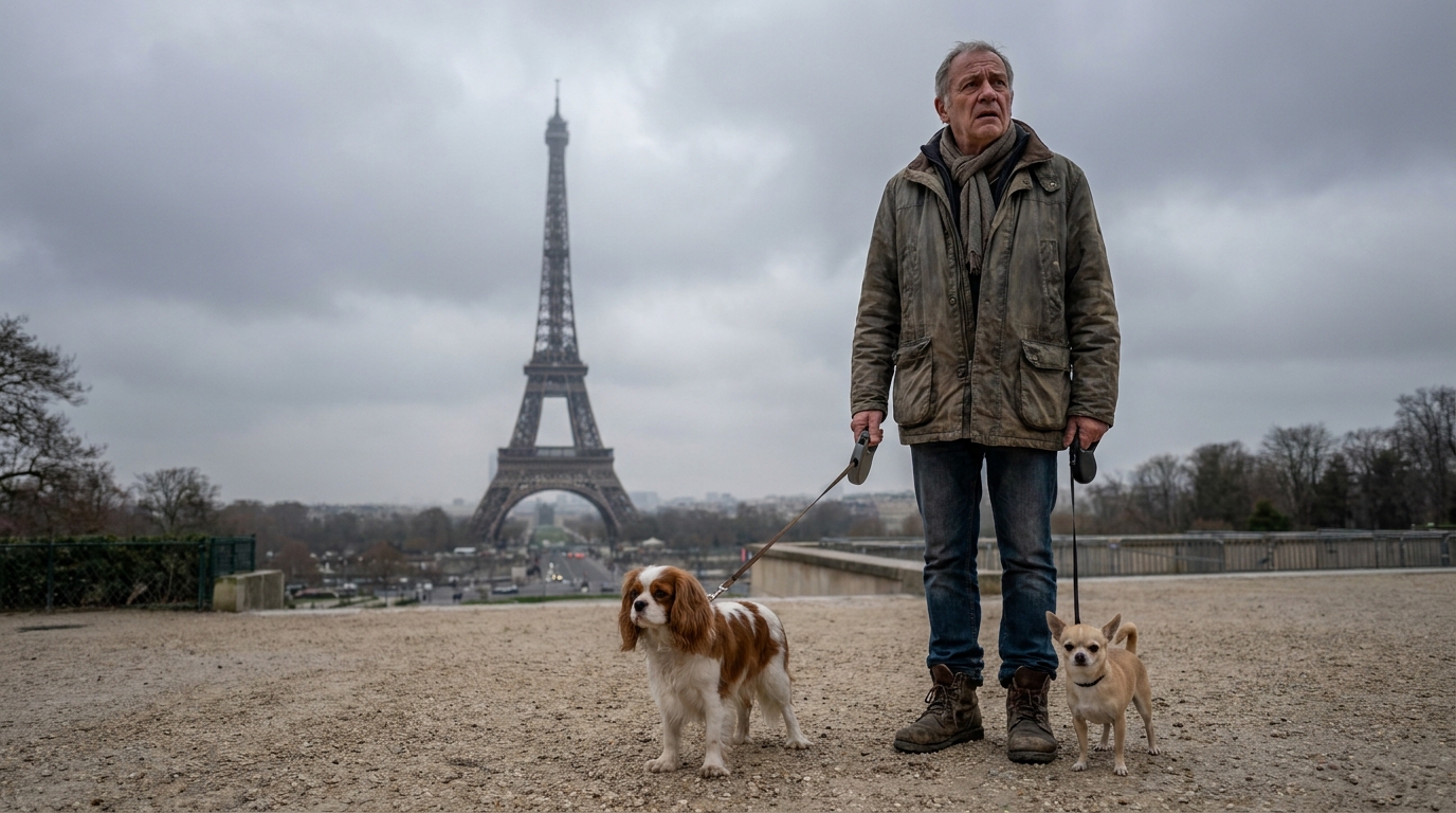 Un homme se tient avec son épagneul en laisse et son petit chihuahua sans laisse sur une pelouse du Champ-de-Mars à Paris.