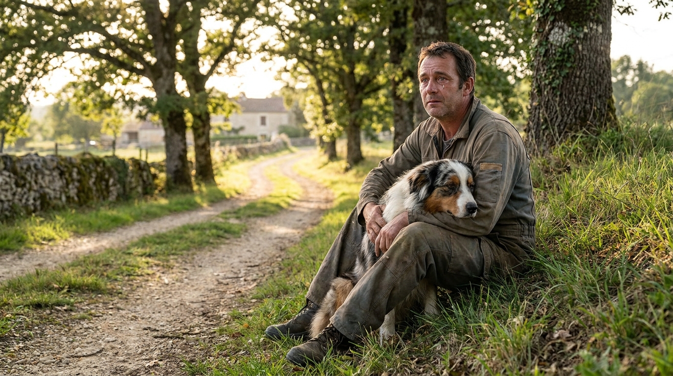 Un homme est assis sur un banc dans un parc en Dordogne, la tête dans les mains, son berger australien couché fidèlement à ses pieds.