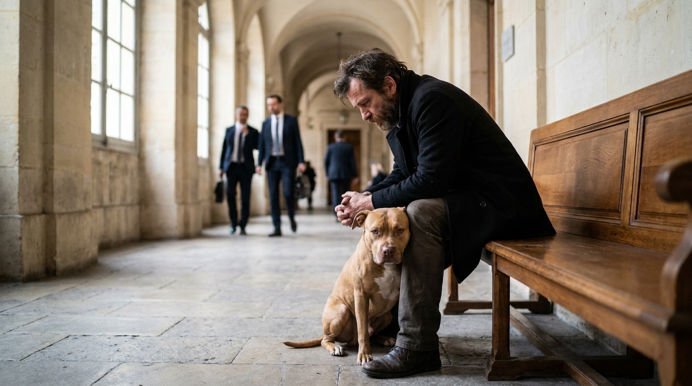 Un homme au regard triste, assis sur un banc, avec un chien de type pitbull loyalement assis à ses pieds dans un couloir sobre.