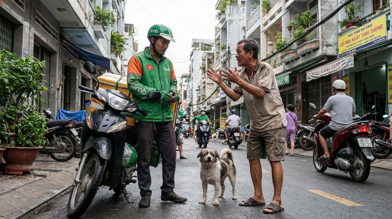 Scène de rue tendue au Vietnam entre un client furieux et un livreur, un petit chien effrayé est au centre de l'altercation.
