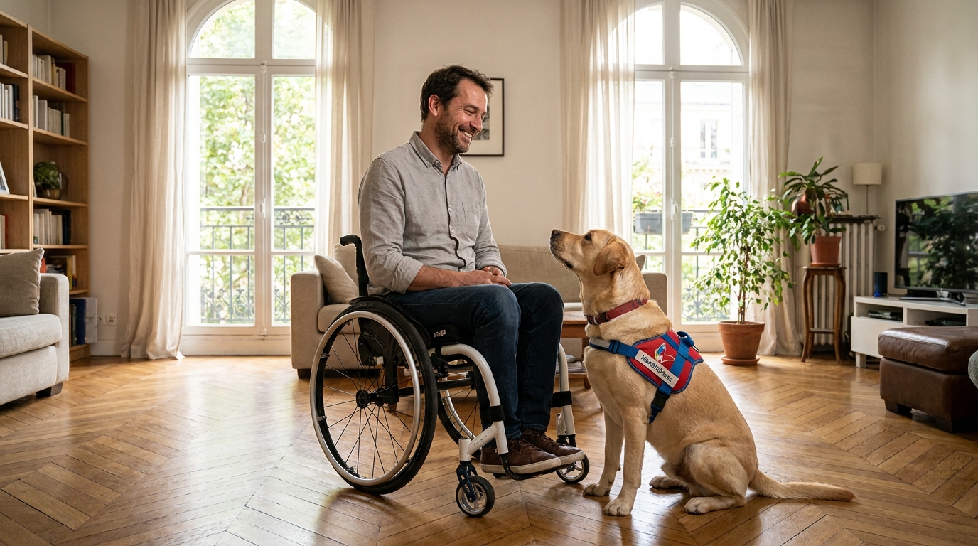 Un homme souriant en fauteuil roulant regarde avec affection son chien d'assistance, un labrador couleur sable, assis sagement à ses côtés.