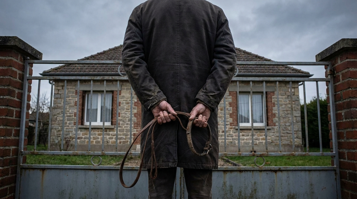 Silhouette d'un homme âgé et voûté assis seul sur le banc d'un tribunal, le regard vide, symbolisant le procès d'un empoisonneur de chiens.