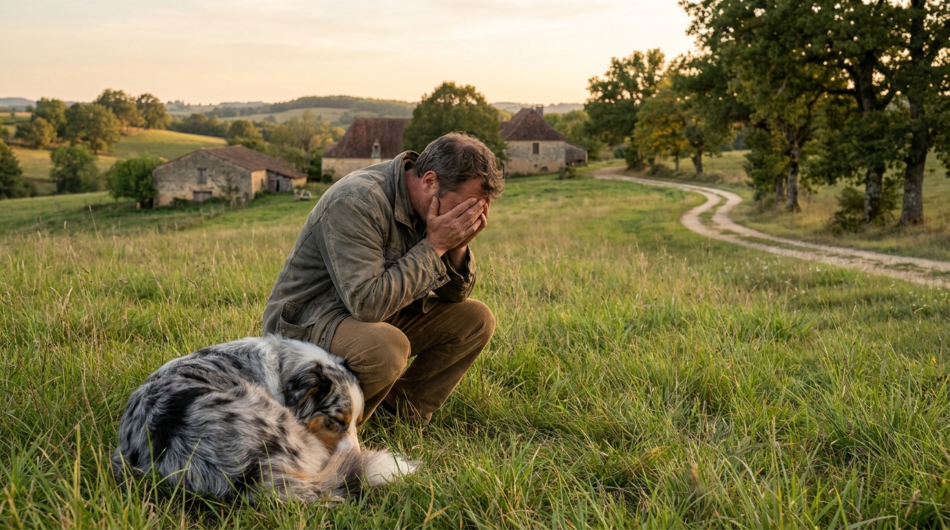 Un homme en deuil, le visage dans ses mains, assis à côté de son berger australien bleu merle couché dans l'herbe, dans un parc en Dordogne.