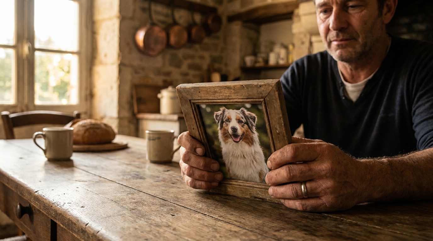 Un homme au visage triste regarde une photo encadrée de son berger australien, posée sur une table en bois dans un salon.