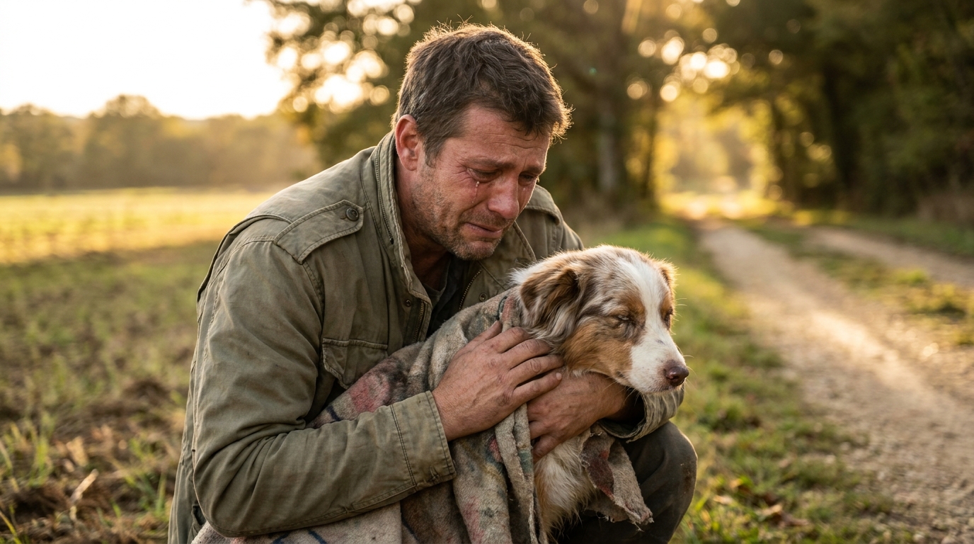 Un homme réconforte son berger australien, couché sur l'herbe, le regard triste, lors d'une promenade dans la campagne française.