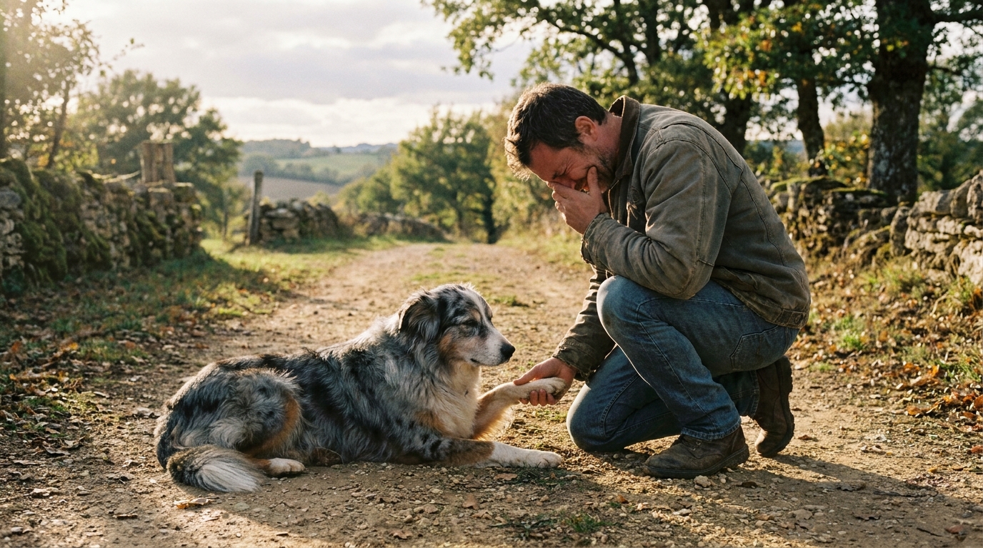 Un homme console son berger australien bleu merle sur un chemin en Dordogne, la scène est empreinte de tristesse et de désarroi.