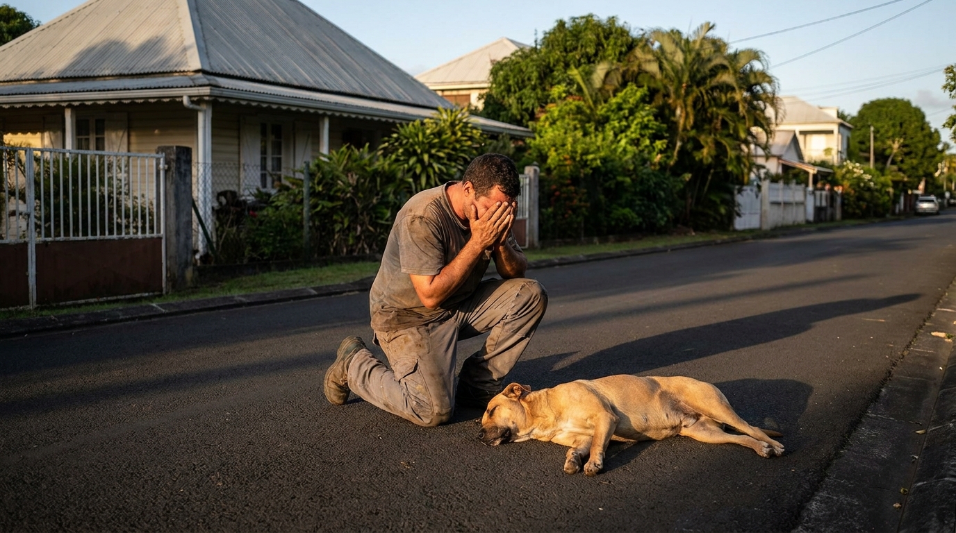 Un homme est agenouillé sur un trottoir, la tête dans les mains, près de son chien de type royal bourbon qui est couché, symbolisant le deuil.