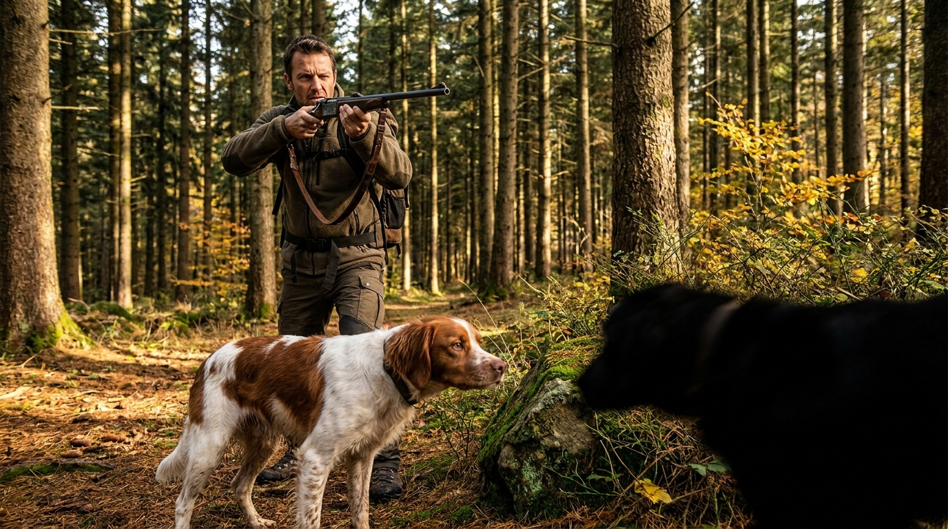 Un homme en forêt vise un ours hors-champ pour défendre son chien terrifié qui se tient à ses côtés.