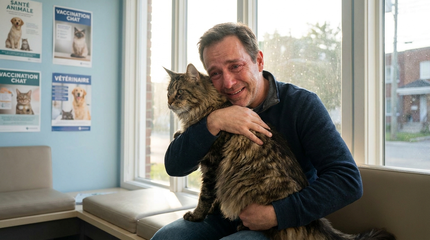 Un homme ému serre dans ses bras son chat Maine Coon dans une clinique vétérinaire après l'avoir retrouvé 8 mois après un incendie.
