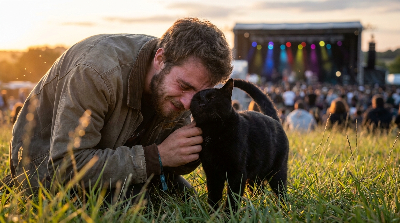 Un jeune homme ému enlace son chat noir qu'il vient de retrouver dans l'herbe d'un festival de musique au coucher du soleil.
