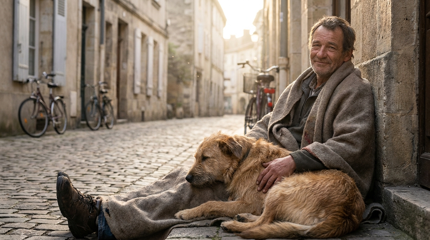 Un homme sans-abri et son chien dorment côte à côte sur un carton dans une rue parisienne, unis par un lien d'amour et de loyauté.