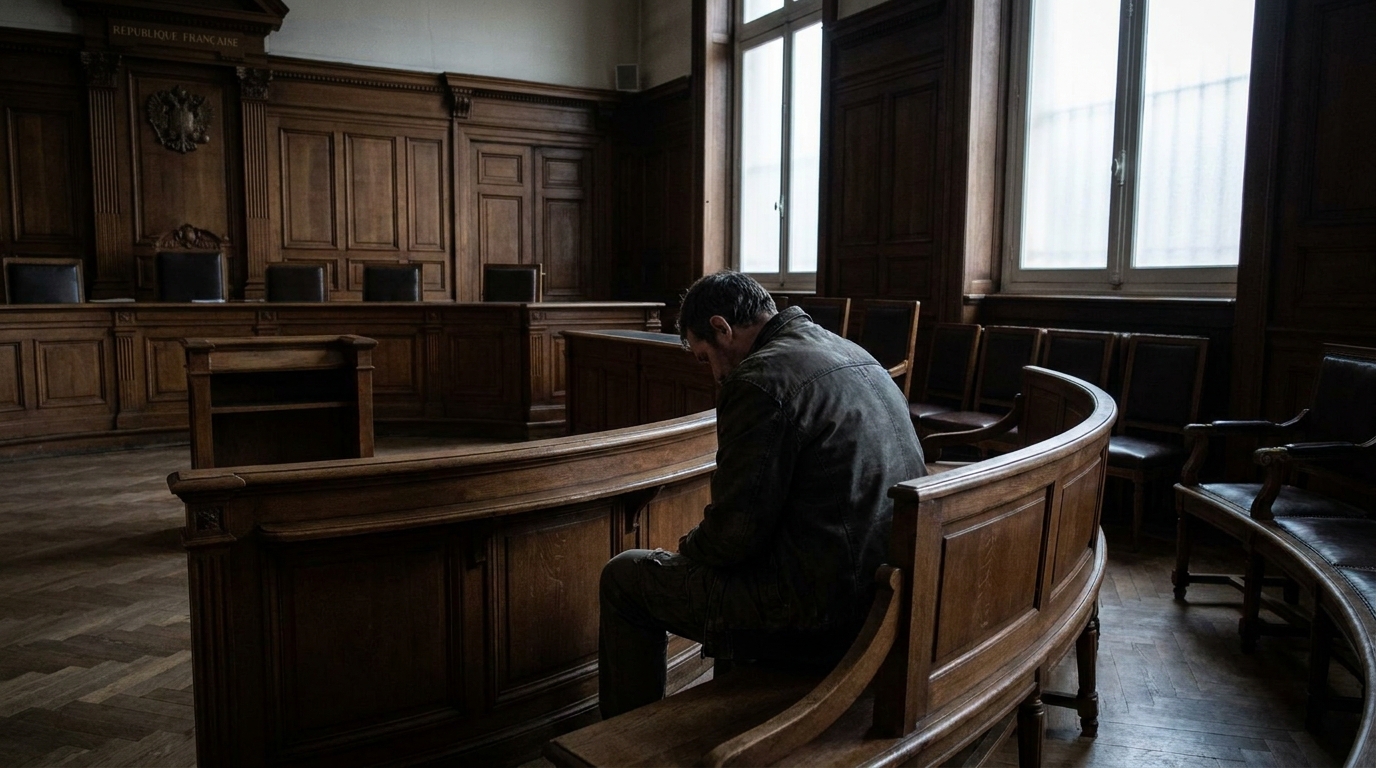 Un homme seul et accablé sur le banc des accusés dans un tribunal, symbolisant le drame et le poids de la justice dans l'affaire Pilarski.