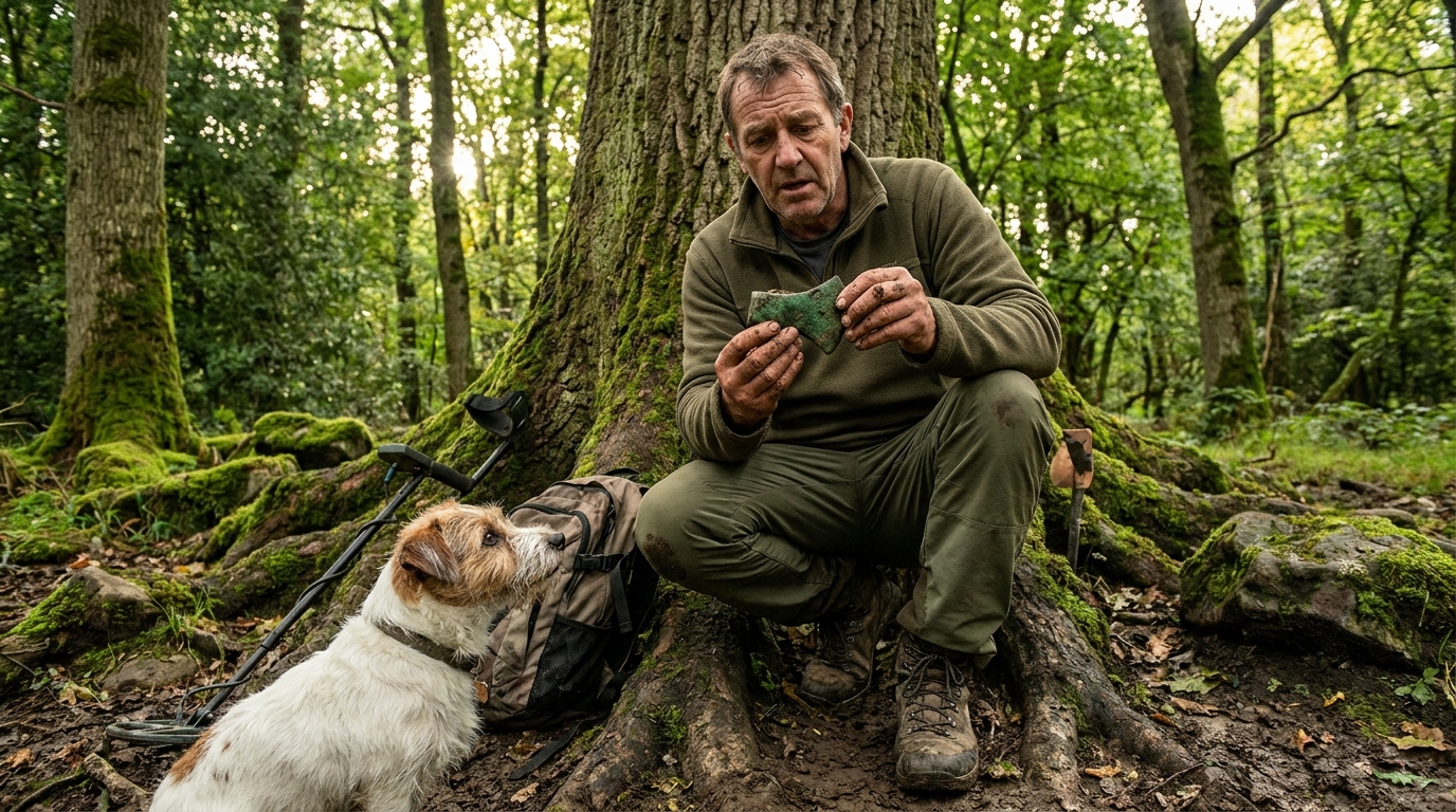 Un homme regarde avec émerveillement une ancienne hache en bronze qu'il vient de trouver en forêt grâce à son chien qui explore à proximité.