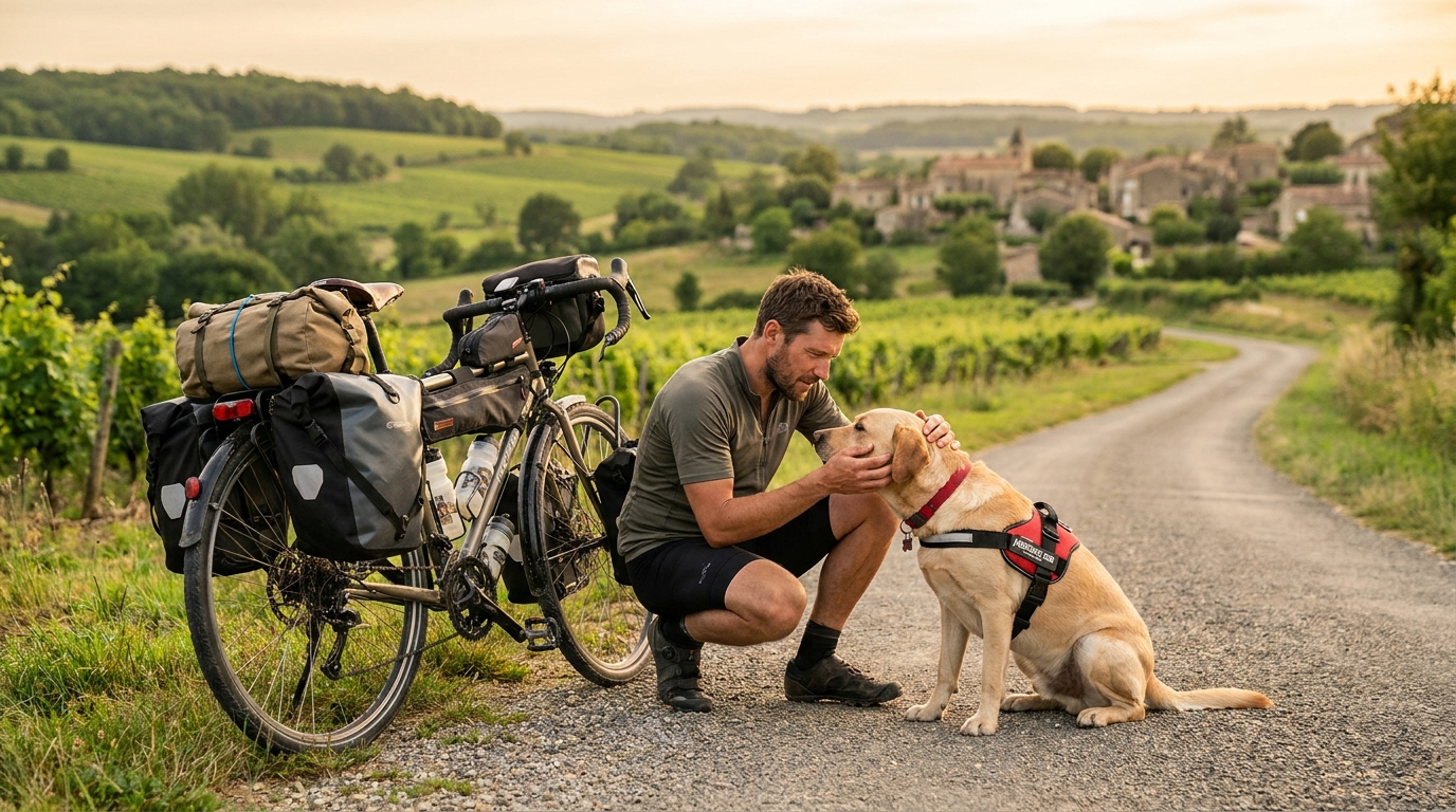 Un homme à vélo sur une route de campagne européenne, regardant avec tendresse un chien d'assistance de type Labrador assis à côté de lui.