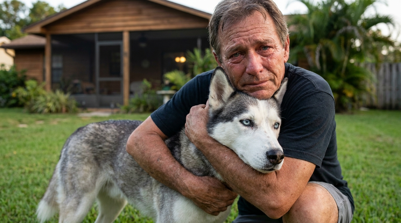 Une chienne Husky Sibérien séniore aux yeux bleus regarde avec une immense tendresse son maître qui la caresse après 12 ans de séparation.