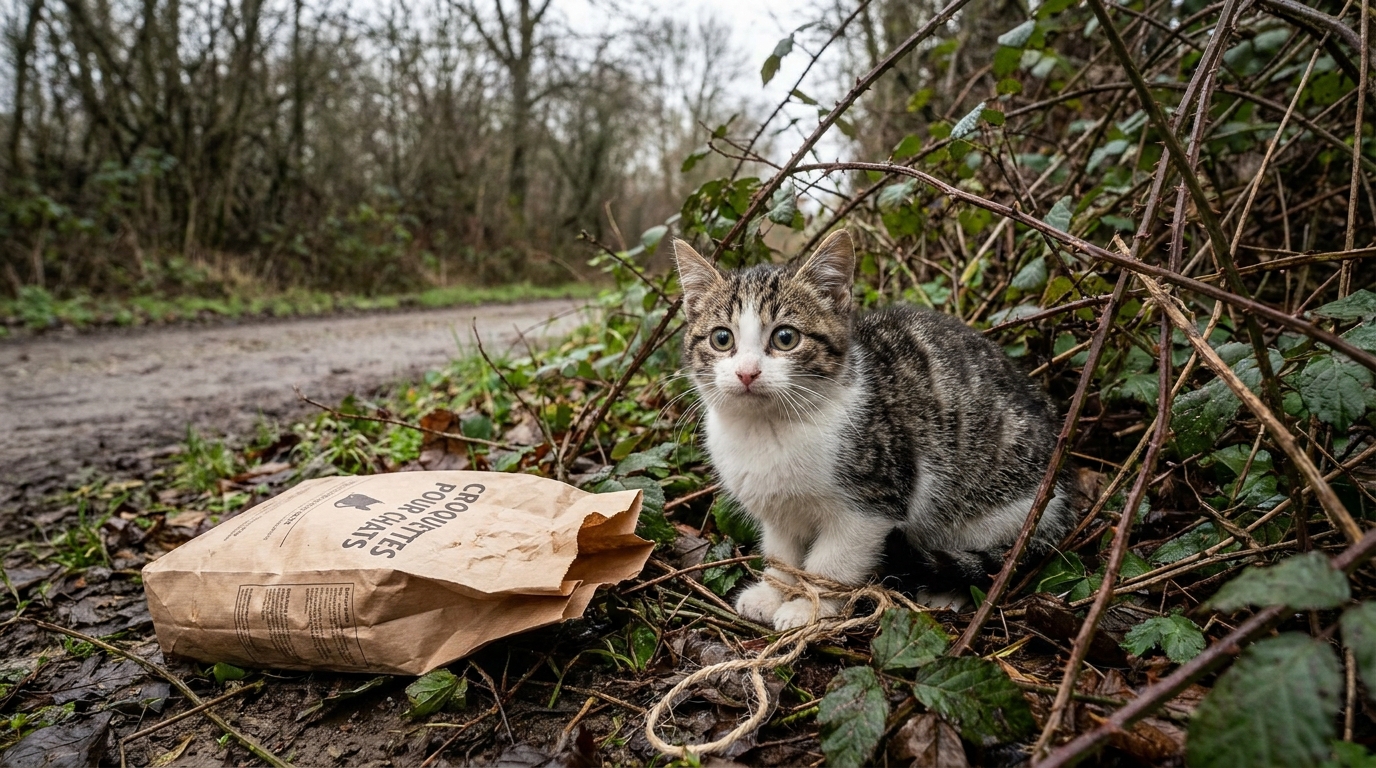 Un jeune chat tigré au regard inquiet, blotti dans une couverture chaude dans un refuge, après avoir été secouru dans le Nord.