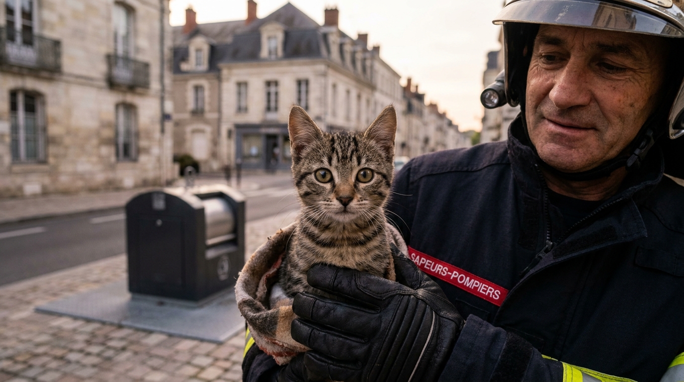 Un jeune chat tigré au regard curieux, blotti dans une couverture douce, symbolisant son sauvetage miraculeux à Tours.