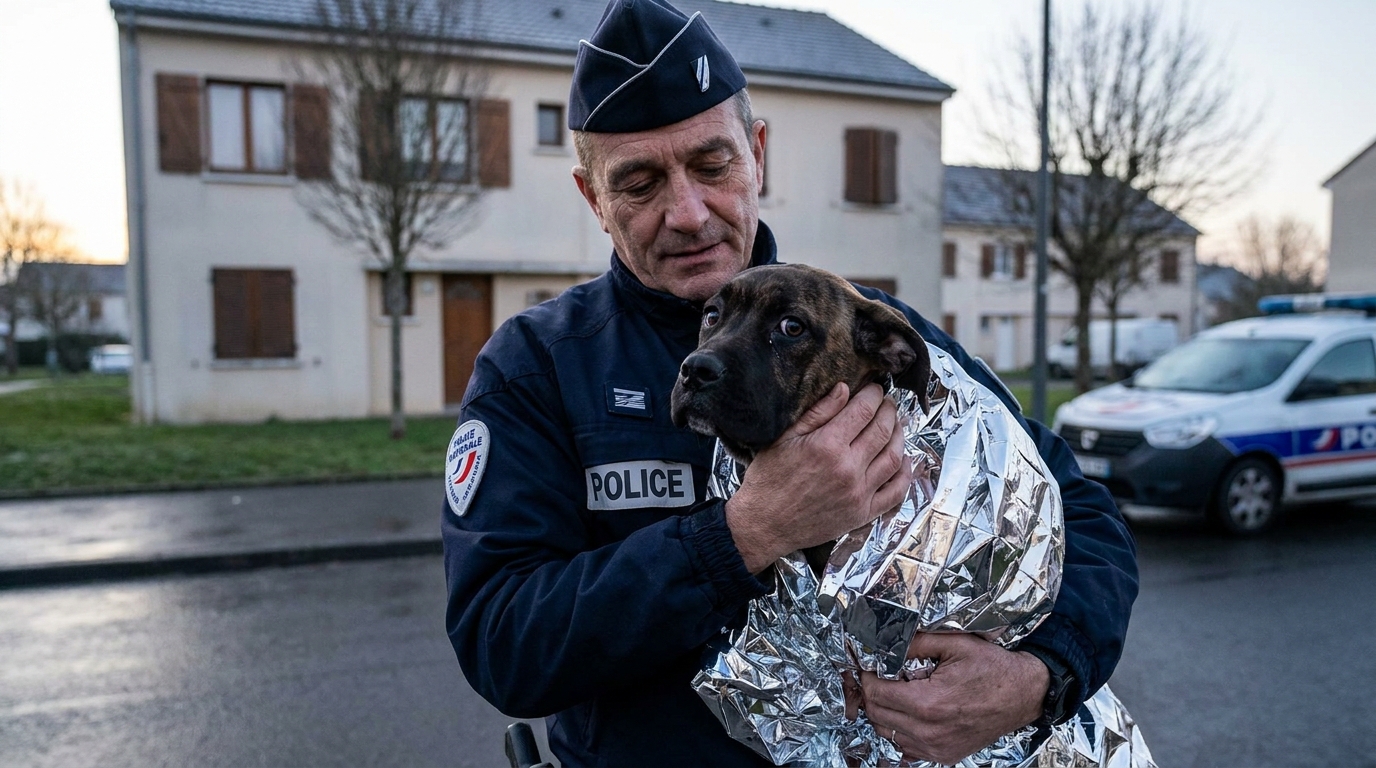 Un jeune chien au regard triste mais plein d'espoir, emmitouflé dans une couverture dans une clinique vétérinaire.