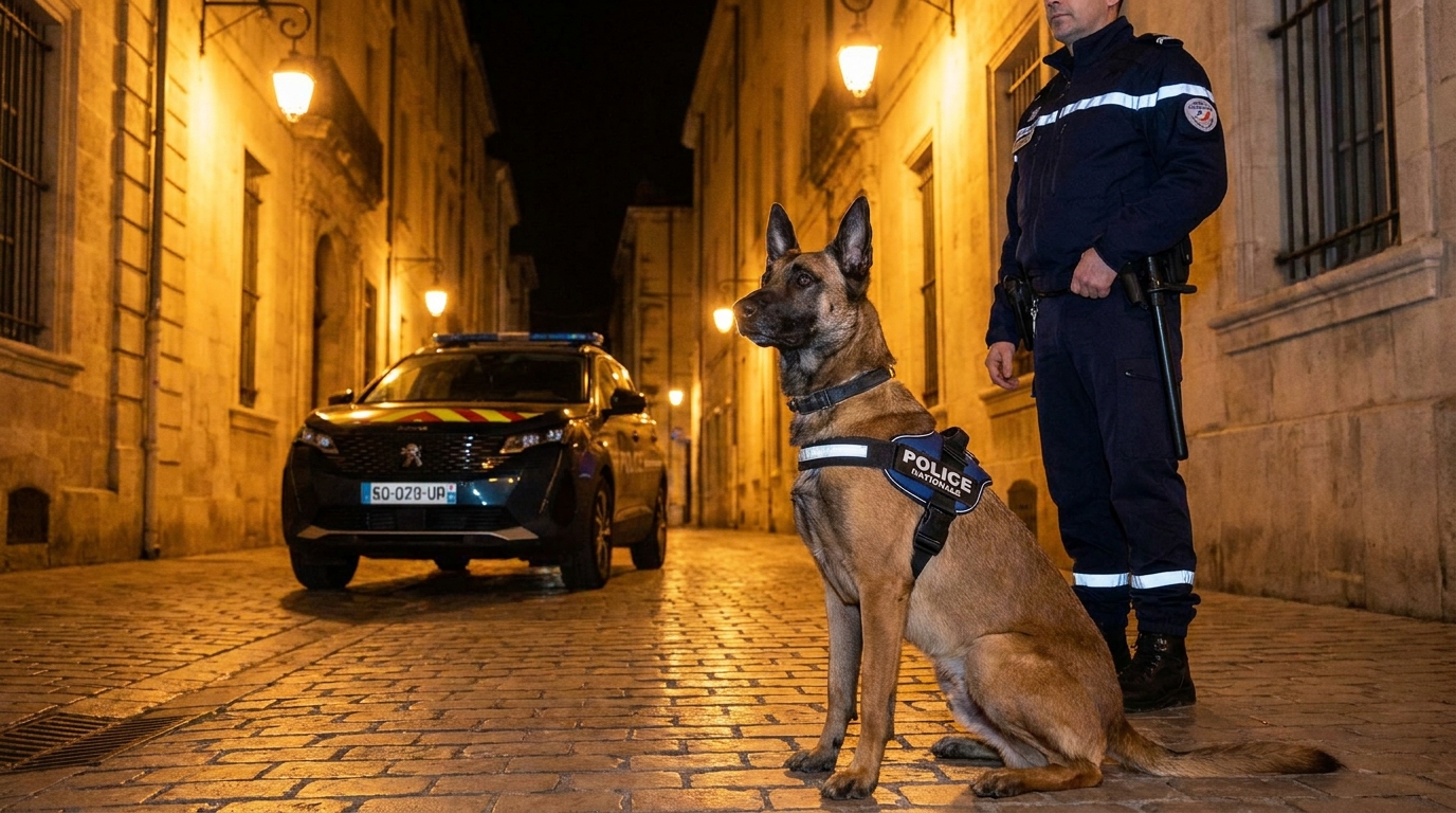 Un jeune chien de race Malinois de la Police Nationale française, en service de nuit à côté d'un véhicule de police, regarde avec attention.