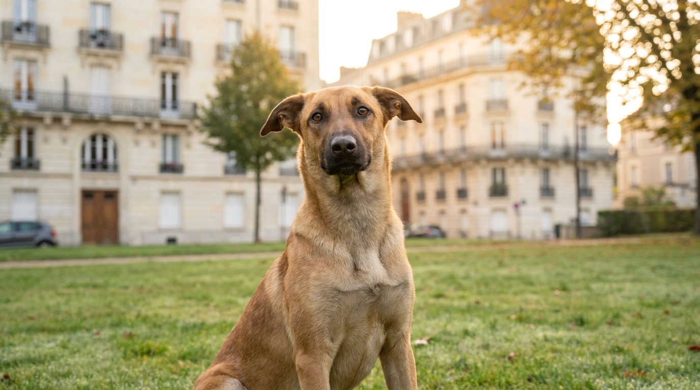 Une jeune chienne berger malinois regarde l'objectif avec un air d'espoir dans un parc, symbolisant une seconde chance après un drame.