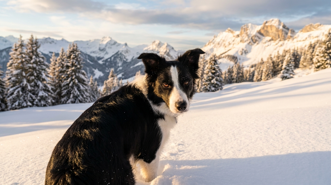 Une jeune chienne de type berger regarde la caméra avec détermination, assise dans un paysage de montagne enneigé en Suisse.
