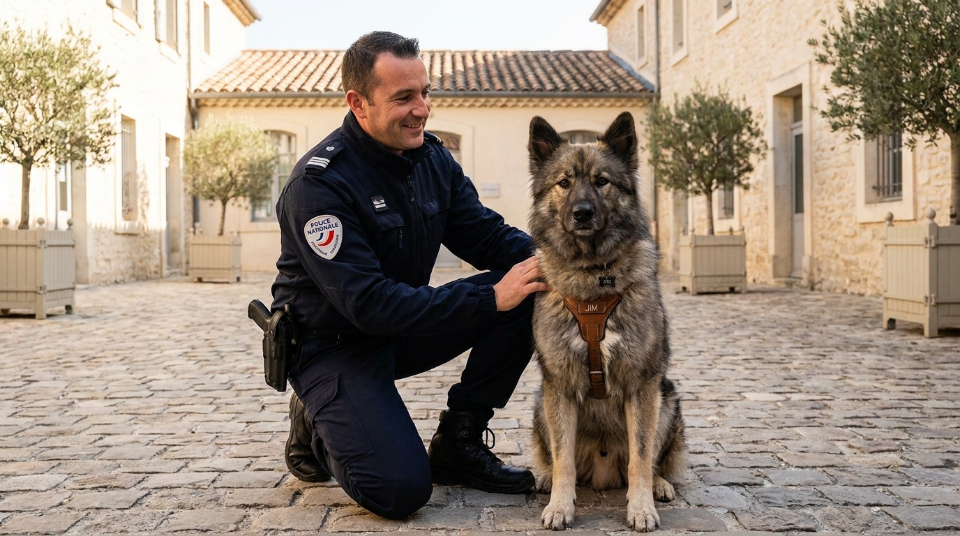 Jim, un chien croisé malinois malamute au regard attentif, pose fièrement avec un policier de la brigade cynotechnique de Nîmes.