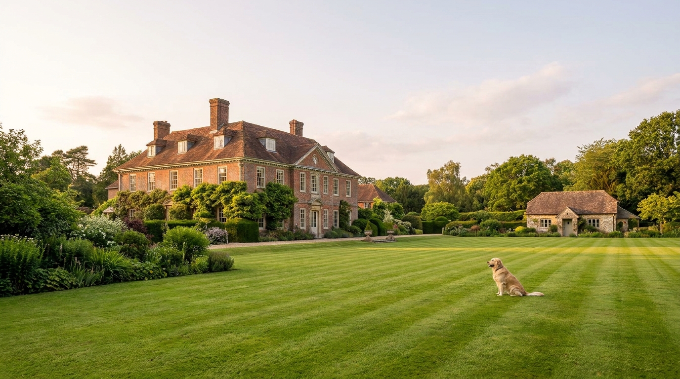 Un chien de race attend sagement devant un grand manoir anglais, illustrant l'offre d'emploi de rêve pour un dog-sitter dans le Surrey.