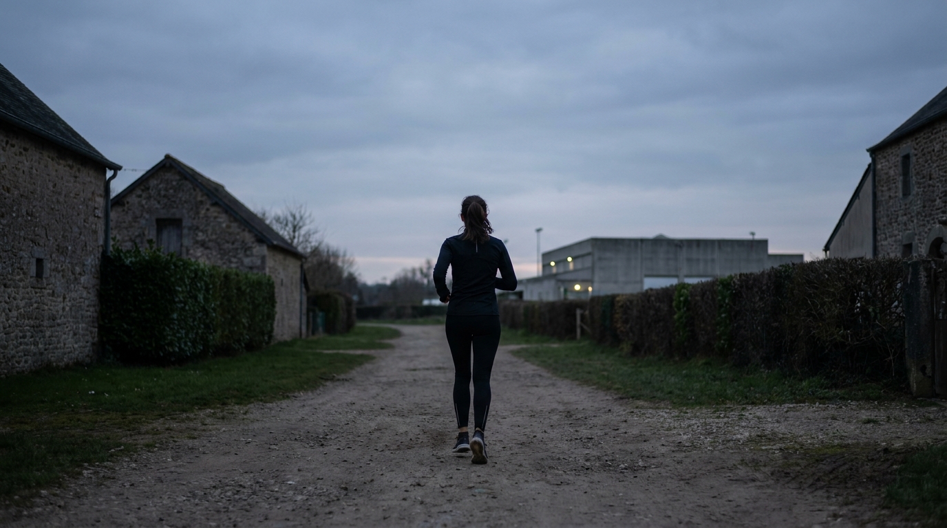 Une femme court sur un chemin de campagne au crépuscule, illustrant la scène avant une attaque de chien.
