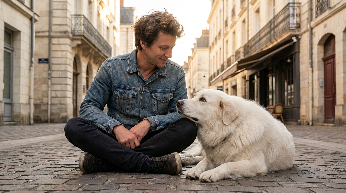 Un jeune homme assis sur les pavés d'une rue piétonne française, son grand chien blanc couché fidèlement à ses côtés.