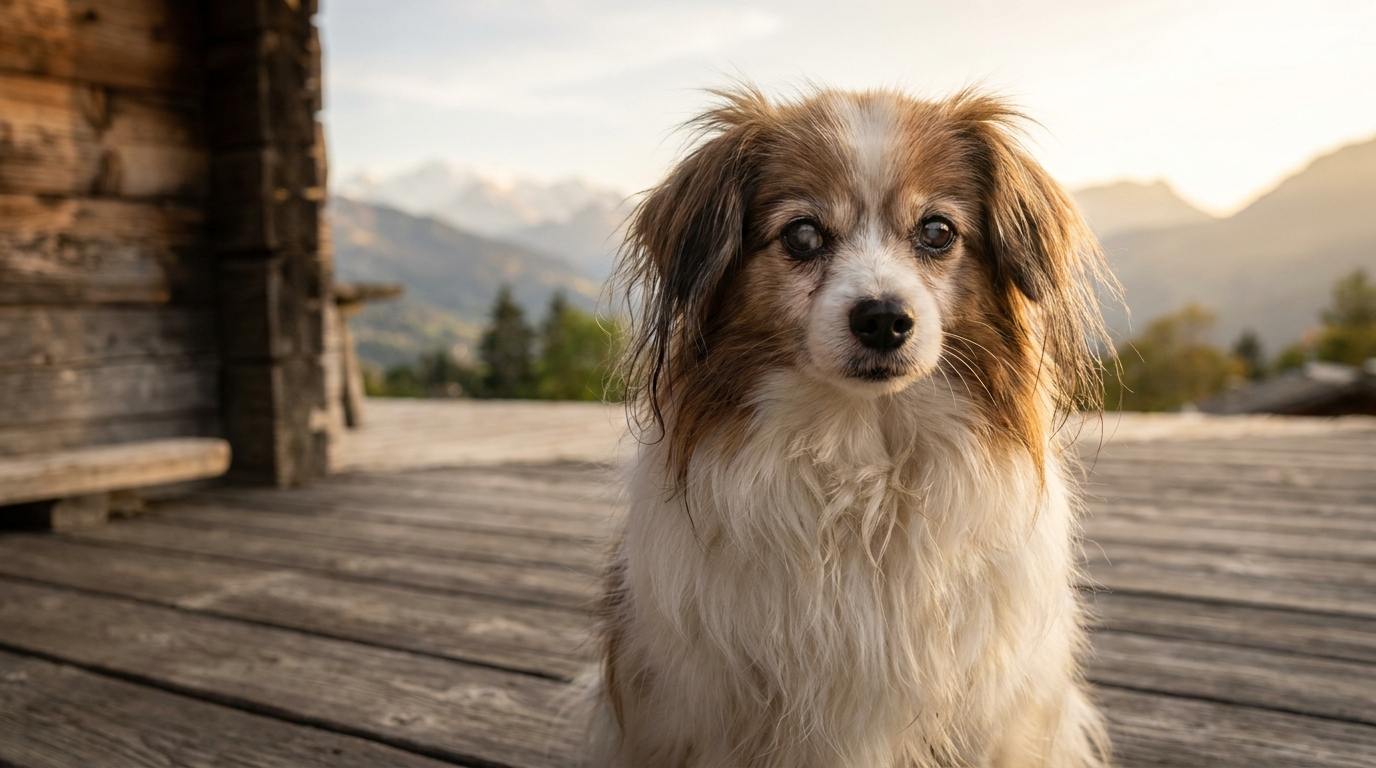 Lazare, un très vieux chien épagneul papillon blanc et brun, assis dans l'herbe verte d'un refuge en Haute-Savoie.