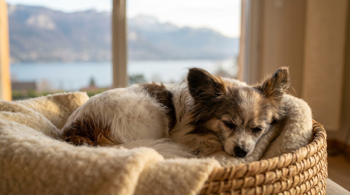 Lazare, un petit chien épagneul papillon âgé de 30 ans, se repose paisiblement dans son panier à Annecy.