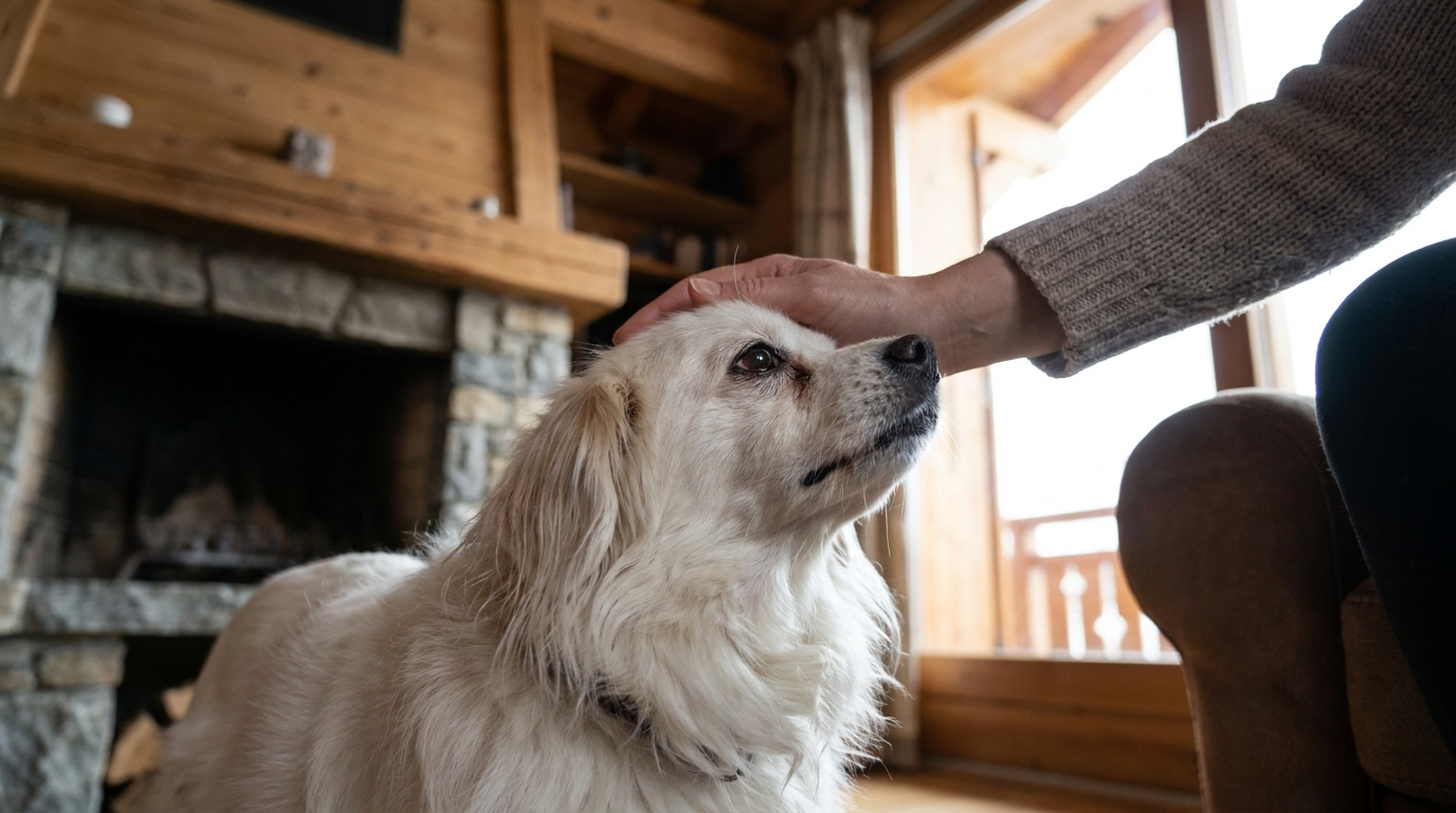 Un vieil épagneul nain continental, Lazare, au poil blanc et roux, regarde sereinement, symbolisant la douceur des chiens seniors adoptés.