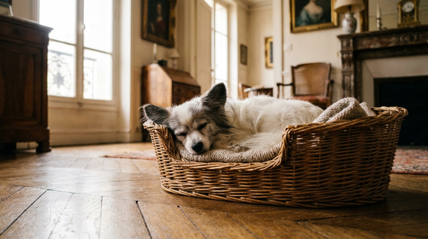 Un très vieil épagneul papillon, aux poils grisonnants et aux yeux laiteux, se repose paisiblement dans un panier douillet.