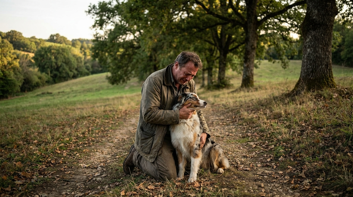Un homme accablé de chagrin assis sur un banc, tenant la laisse vide de son chien, un berger australien, dans un parc en France.